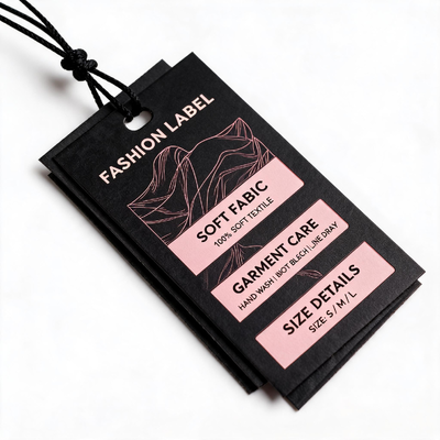 Tags de pendurar de roupas feitas com cartão de arte de ambos os lados e cordão de algodão de 3 mm Ideal para sacolas de vestuário e bagagem com impressão digital de logotipo CMYK